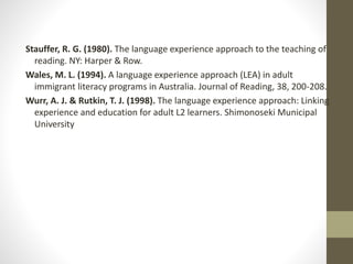 Stauffer, R. G. (1980). The language experience approach to the teaching of 
reading. NY: Harper & Row. 
Wales, M. L. (1994). A language experience approach (LEA) in adult 
immigrant literacy programs in Australia. Journal of Reading, 38, 200-208. 
Wurr, A. J. & Rutkin, T. J. (1998). The language experience approach: Linking 
experience and education for adult L2 learners. Shimonoseki Municipal 
University 
