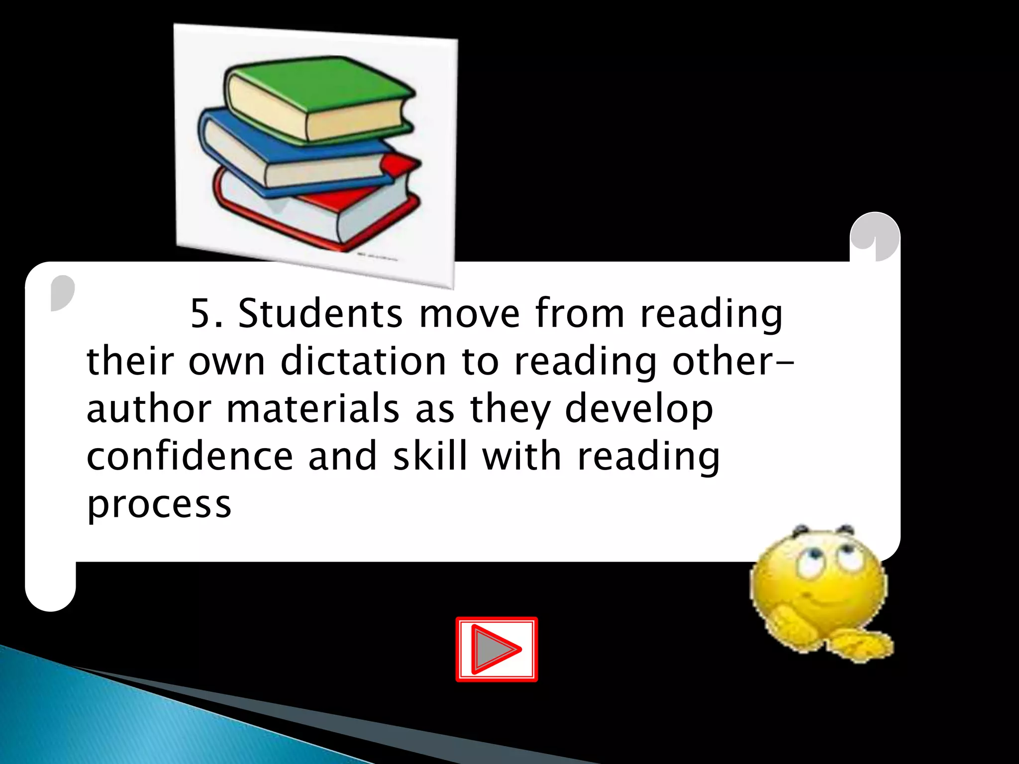 5. Students move from reading
their own dictation to reading other-
author materials as they develop
confidence and skill with reading
process
 