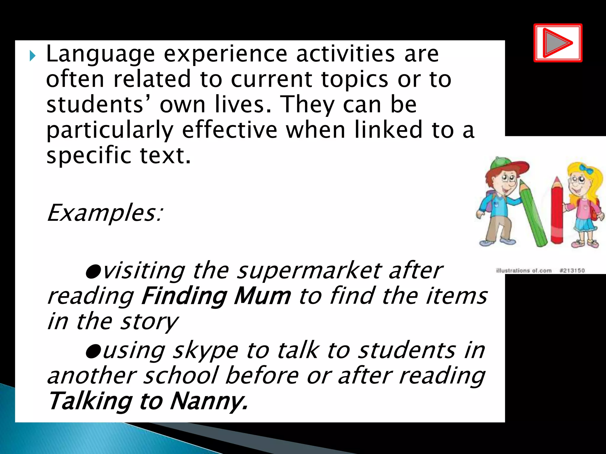  Language experience activities are
often related to current topics or to
students’ own lives. They can be
particularly effective when linked to a
specific text.
Examples:
●visiting the supermarket after
reading Finding Mum to find the items
in the story
●using skype to talk to students in
another school before or after reading
Talking to Nanny.
 