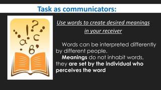 Use words to create desired meanings
in your receiver
Words can be interpreted differently
by different people.
Meanings do not inhabit words,
they are set by the individual who
perceives the word
Task as communicators:
 