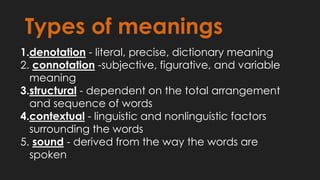 1.denotation - literal, precise, dictionary meaning
2. connotation -subjective, figurative, and variable
meaning
3.structural - dependent on the total arrangement
and sequence of words
4.contextual - linguistic and nonlinguistic factors
surrounding the words
5. sound - derived from the way the words are
spoken
Types of meanings
 