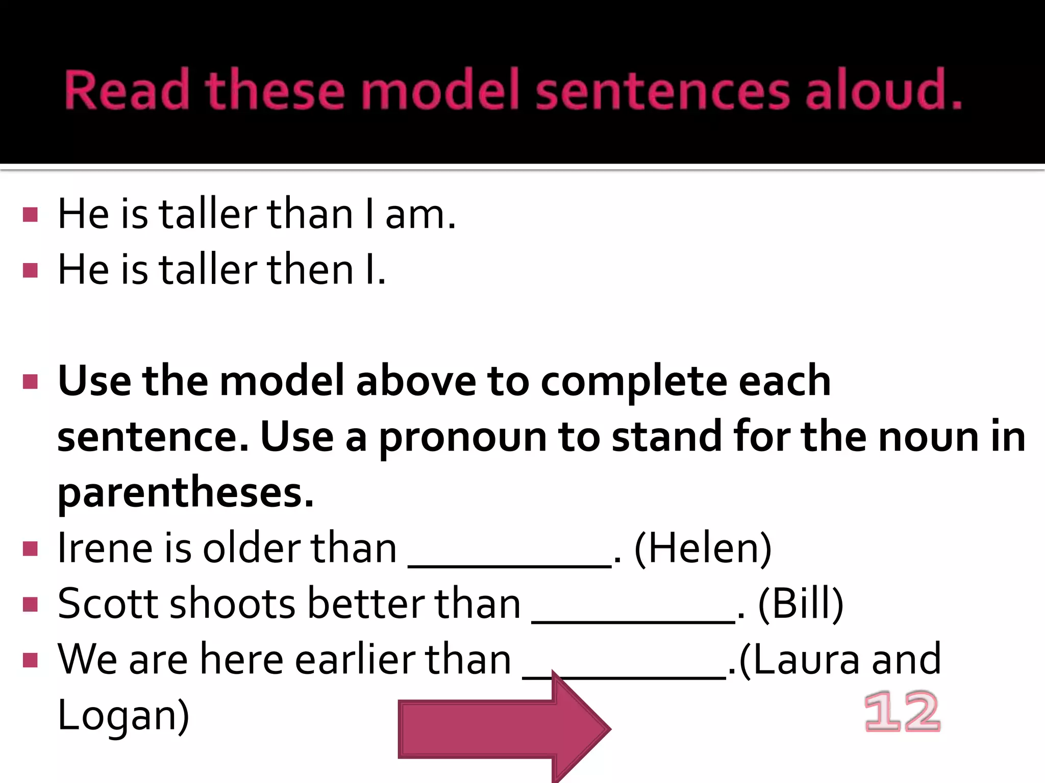 Read these model sentences aloud.He is taller than I am.He is taller then I.Use the model above to complete each sentence. Use a pronoun to stand for the noun in parentheses.Irene is older than _________. (Helen)Scott shoots better than _________. (Bill)We are here earlier than _________.(Laura and Logan)12