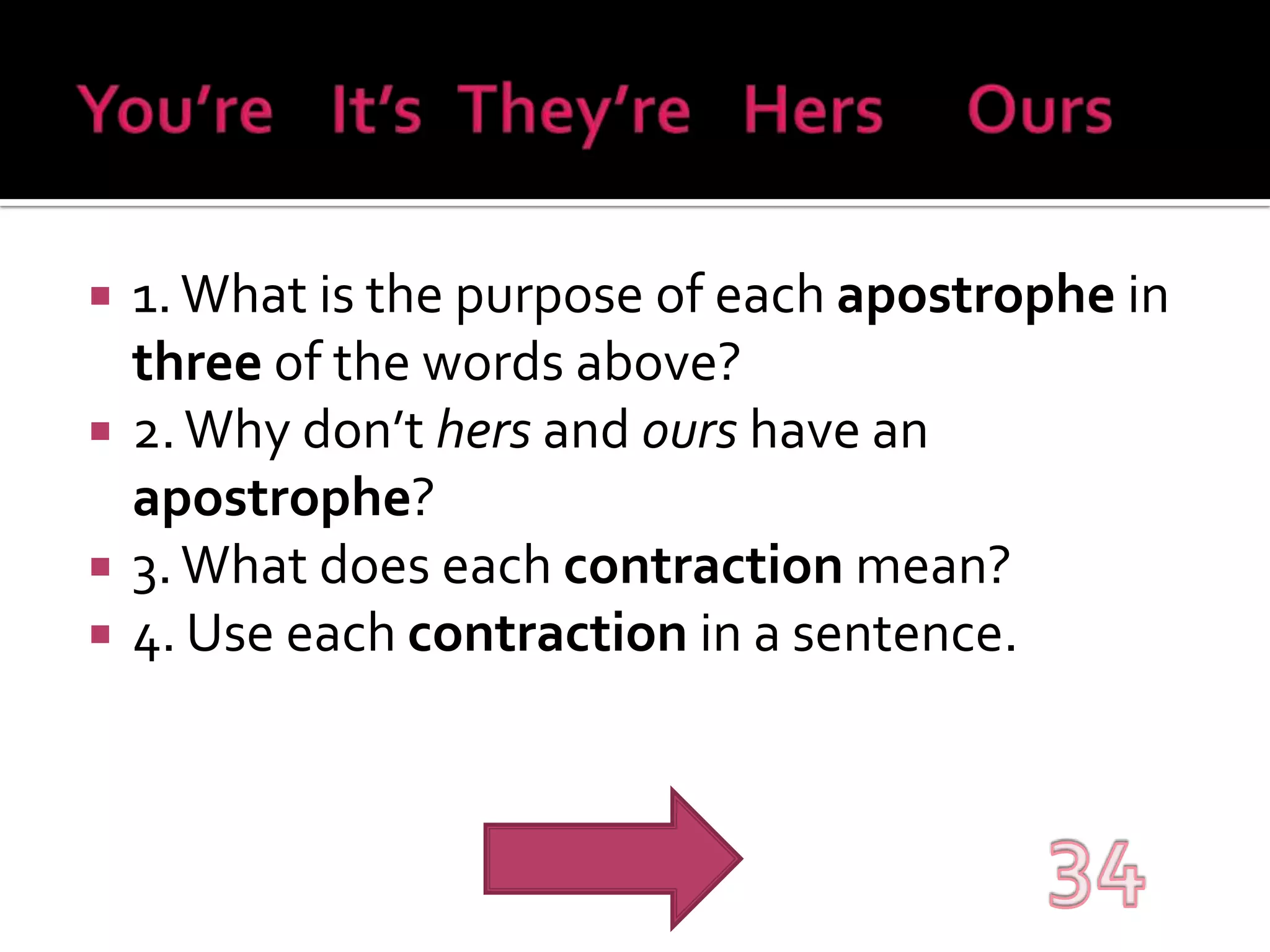 You’re	It’s	They’re	  Hers	Ours1. What is the purpose of each apostrophe in three of the words above?2. Why don’t hers and ours have an apostrophe?3. What does each contraction mean?4. Use each contraction in a sentence.34