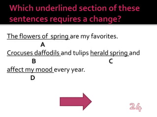 Which underlined section of these sentences requires a change?The flowers of  spring are my favorites.ACrocuses daffodils and tulips herald spring andBCaffect my mood every year.D24