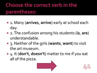 Choose the correct verb in the parentheses:1. Many (arrives, arrive) early at school each day.2. The confusion among his students (is, are) understandable.3. Neither of the girls (wants, want) to visit the art museum.4. It (don’t, doesn’t) matter to me if you eat all of the pizza.41