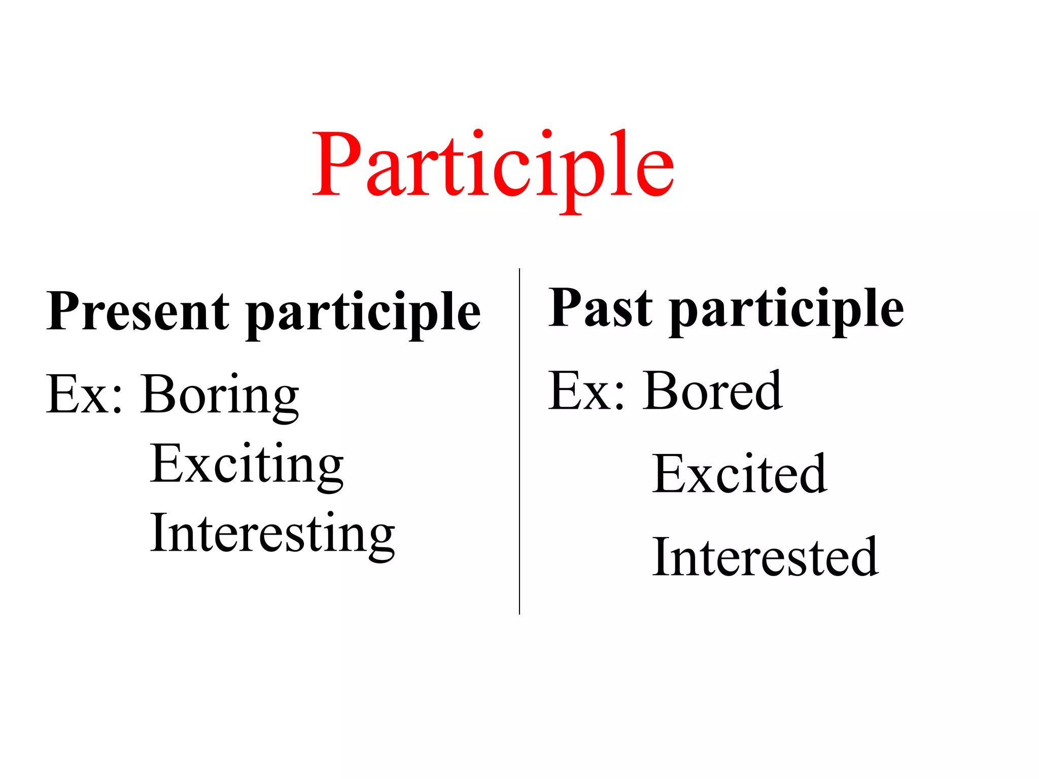 Participle 
Present participle 
Ex: Boring 
Exciting 
Interesting 
Past participle 
Ex: Bored 
Excited 
Interested 
 
