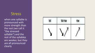 Stress 
when one syllable is 
pronounced with 
more strength than 
the rest (we call it 
"the stressed 
syllable") and the 
rest of the syllables 
are weaker, but they 
are all pronounced 
clearly 
 