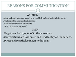 REASONS FOR COMMUNICATION
WOMEN
.More inclined to use conversation to establish and maintain relationships
.‟‟Talking is the essence of relationship‟‟
.Most common theme: EMPATHY
.‟To know you are not alone‟
MEN
.To get practical tips, or offer them to others.
.Conversations are fast-paced and tend to stay on the surface.
.Direct and practical, straight to the point.
23
 