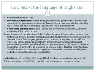 How Sexist the language of English is !
 Use of Pronouns: he , she
 Intonation differences: women-rising intonation/ tag questions (it is claimed that
women use tag questions more than men because they are not sure whether waht they
say is true or not, thus they employ tag questions to get a clarification)
 Vocabulary differences: colours (women use more words for colours!), adjectives,
addressing, titles... actor, actress
Baron, Baroness ,Count, Countess , Duke, Duchess,Emperor, Empress,giant, giantess,host,
hostess,lion, lioness, manager, manageress,master, mistress,murderer, murderess,priest,
priestess,Prince, Princess,poet, poetess,waiter, waitress, bridegroom, bride, widower,
widow,boy-friend, girl-friend,grandfather, grandmother,great grandfather, great
grandmother, grandson, granddaughter,great grandson,great granddaughter, father-in-
law, mother-in-law,brother-in-law, sister-in-law,son-in-law, daughter-in-law,landlord,
landlady,manservant, maidservant, step-father, step-mother,step-son, step-daughter,
Godfather, Godmother, Godson, Goddaughter
Animals:tom, tib (cat), tom, tib (elephant),bull, cow,boar, sow,buck, roe, ram, ewe, etc.
(http://wiki.answers.com/Q/Can_you_list_100_examples_of_gender_of_noun)
6
 
