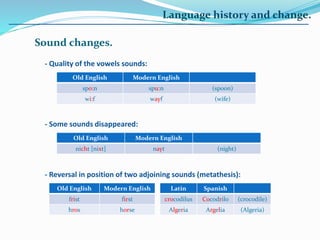 Language history and change.
Sound changes.
- Quality of the vowels sounds:
Old English Modern English
spo:n spu:n (spoon)
wi:f wayf (wife)
- Some sounds disappeared:
Old English Modern English
nicht [nixt] nayt (night)
- Reversal in position of two adjoining sounds (metathesis):
Old English Modern English
frist first
hros horse
Latin Spanish
crocodilus Cocodrilo (crocodile)
Algeria Argelia (Algeria)
 