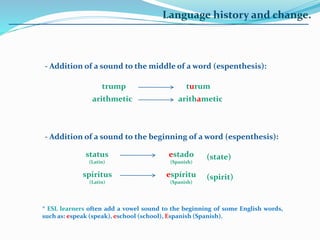 Language history and change.
- Addition of a sound to the middle of a word (espenthesis):
- Addition of a sound to the beginning of a word (espenthesis):
turum
arithametic
trump
arithmetic
status
(Latin)
estado
(Spanish)
(state)
spiritus
(Latin)
espíritu
(Spanish)
(spirit)
* ESL learners often add a vowel sound to the beginning of some English words,
such as: espeak (speak), eschool (school), Espanish (Spanish).
 
