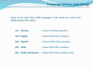 Language history and change.
Some of the more than 4.000 languages in the world are much more
widely spoken than others.
1st.- Chinese : Close to 1 billion speakers.
2nd.- English : About 350 million speakers.
3rd.- Spanish : Close to 300 million speakers.
4th.- Hindi : About 200 million speakers.
5th.- Arabic and Russian : About 150 million speakers each.
 