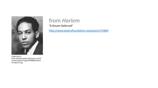 http://www.poetryfoundation.org/poem/175884
Image Source:
https://thepoetryplace.wikispaces.com/fil
e/view/langston2.jpg/283008886/254x31
4/langston2.jpg
from Harlem
“A Dream Deferred”