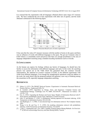 International Journal of Computer Science & Information Technology (IJCSIT) Vol 6, No 4, August 2014 
It is noticed that the experiments with all languages obtained almost same range of F measure 
[24]. We have conducted the rest of the experiments with other sets of queries, and the result 
obtained is abstracted in the following figure. 
Type 2 Query 
Type 3 Query 
Type 1 Query 
0 0.2 0.4 0.6 0.8 1 
1 
0.9 
0.8 
0.7 
0.6 
0.5 
0.4 
Recall 
Precision 
Figure 5: Precision-Recall curve of entire experiments 
It has seen that the value of F measure increases with the number of terms in the query and there 
was no influence of words with different languages in the query. We got an F measure value of 
0.664 which is a remarkable result and proves that there are enough possibilities in the area of 
language independent searching using a standard encoding mechanism such as Unicode. 
5. CONCLUSIONS 
As the human can express his feelings without any barrier of languages, he should have the 
facility to access the information with different languages and style. In this work, the searching 
process was carried out in the VSM which has generated from the common Unicode 
representation. We obtained an overall F measure of 0.642, in the different experiments with 
words from different languages. Even though the morphological operations could not address in 
the work, the result shows that the proposed method will generate a new way of thinking among 
the researchers in IR, especially language independent searching. 
REFERENCES 
[1] Salton, G. (1971). The SMART Retrieval System—Experiments in Automatic Document Retrieval. 
203 
Prentice Hall Inc., Englewood Cliffs, NJ. 
[2] D. Gusfield. (1997) Algorithms on Strings, Trees, and Sequences: Computer Science and 
Computational Biology. Cambridge Univ Pr; ISBN: 0521585198 ; Dimensions (in inches): 1.44 
x10.30 x 7.41 
[3] Fox, E. (1983). Expending the Boolean and Vector Space Models of Information Retrieval with P-Norm 
Queries and Multiple Concept Types. PhD thesis, Cornell University. 
[4] Fuhr, N. and Buckley, C. (1991). A probabilistic learning approach for document indexing. ACM 
Transactions on Information Systems, 9(3):223.248. 
[5] Van Rijsbergen, C. J. (1986). A non-classical logic for information retrieval. The Computer Journal, 
29(6). 
[6] Wong, S. K. M. and Yao, Y. Y. (1995). On modeling information retrieval with probabilistic 
inference. ACM Transactions on Information Systems, 13(1):69.99. 
[7] J. Han, L. Lakshmanan and J. Pei. (2001). Scalable Frequent-Pattern Mining Methods: An Overview. 
7th ACMConf on Knowledge Discovery and Data Mining (KDD), Tutorial. 
 
