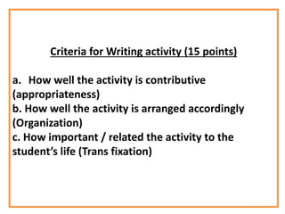Criteria for Writing activity (15 points)
a. How well the activity is contributive
(appropriateness)
b. How well the activity is arranged accordingly
(Organization)
c. How important / related the activity to the
student’s life (Trans fixation)
 