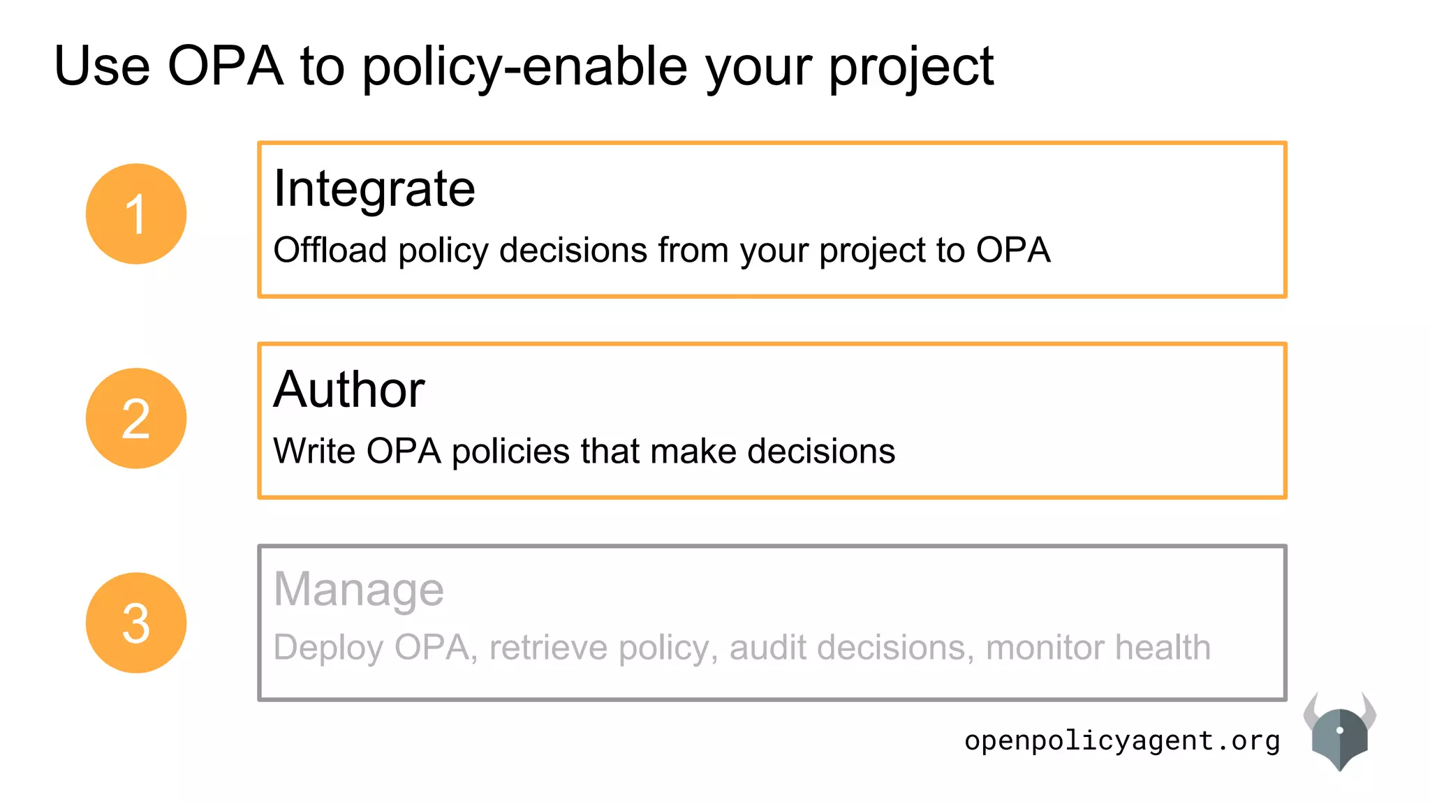 openpolicyagent.org
Use OPA to policy-enable your project
Integrate
Offload policy decisions from your project to OPA
Author
Write OPA policies that make decisions
Manage
Deploy OPA, retrieve policy, audit decisions, monitor health
1
2
3
 