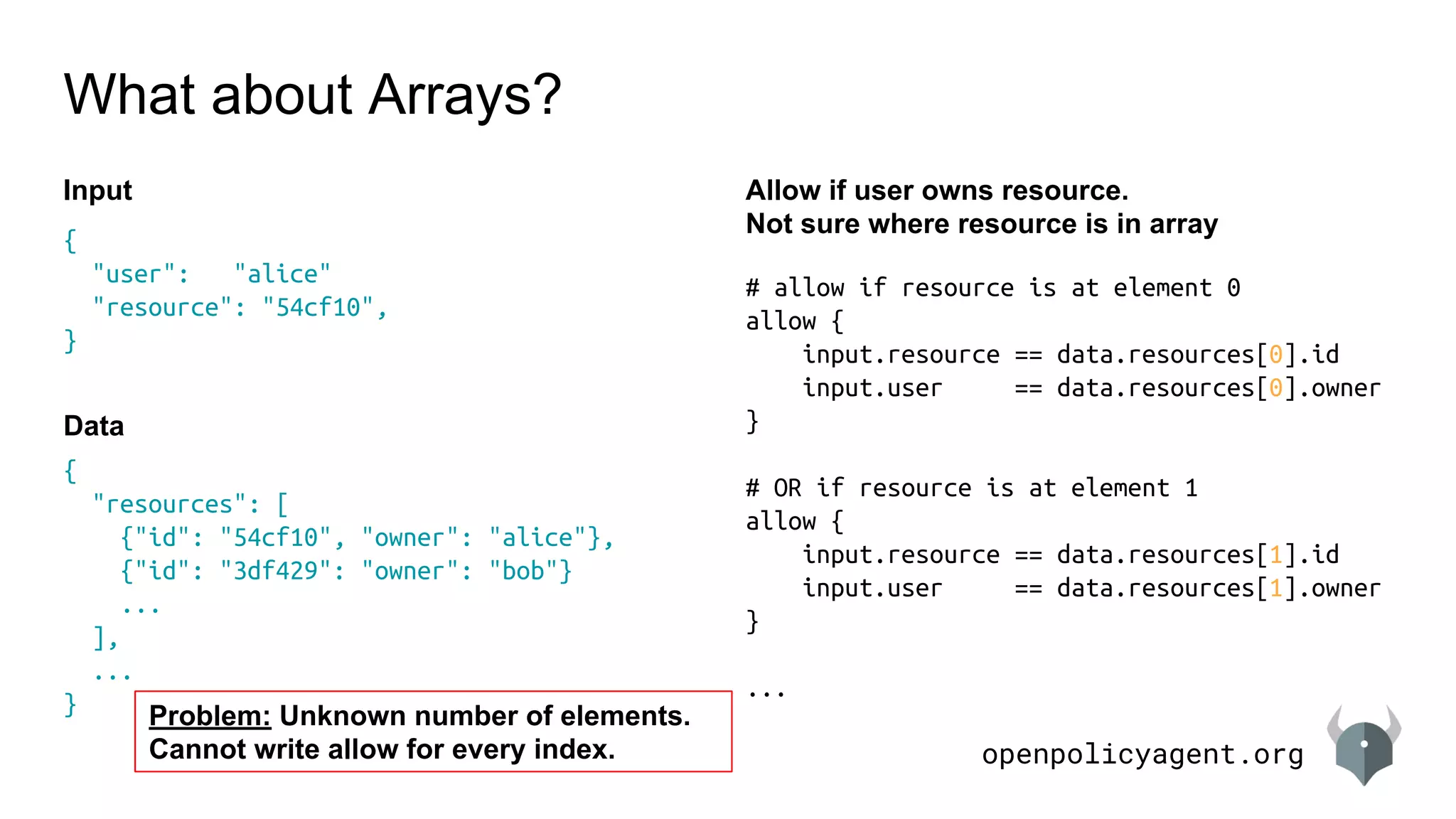 openpolicyagent.org
{
"resources": [
{"id": "54cf10", "owner": "alice"},
{"id": "3df429": "owner": "bob"}
...
],
...
}
# allow if resource is at element 0
allow {
input.resource == data.resources[0].id
input.user == data.resources[0].owner
}
# OR if resource is at element 1
allow {
input.resource == data.resources[1].id
input.user == data.resources[1].owner
}
...
What about Arrays?
Allow if user owns resource.
Not sure where resource is in array
{
"user": "alice"
"resource": "54cf10",
}
Input
Data
Problem: Unknown number of elements.
Cannot write allow for every index.
 