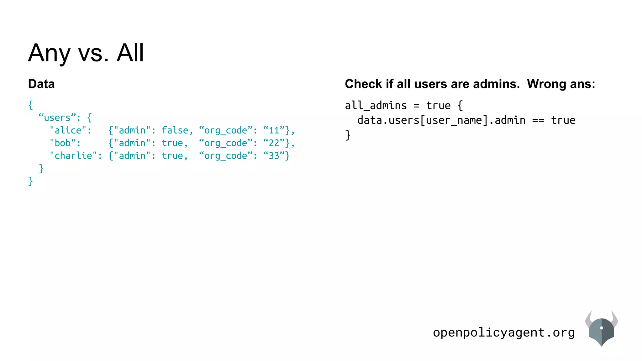 openpolicyagent.org
{
“users”: {
"alice": {"admin": false, “org_code”: “11”},
"bob": {"admin": true, “org_code”: “22”},
"charlie": {"admin": true, “org_code”: “33”}
}
}
Any vs. All
Data Check if all users are admins. Wrong ans:
all_admins = true {
data.users[user_name].admin == true
}
 