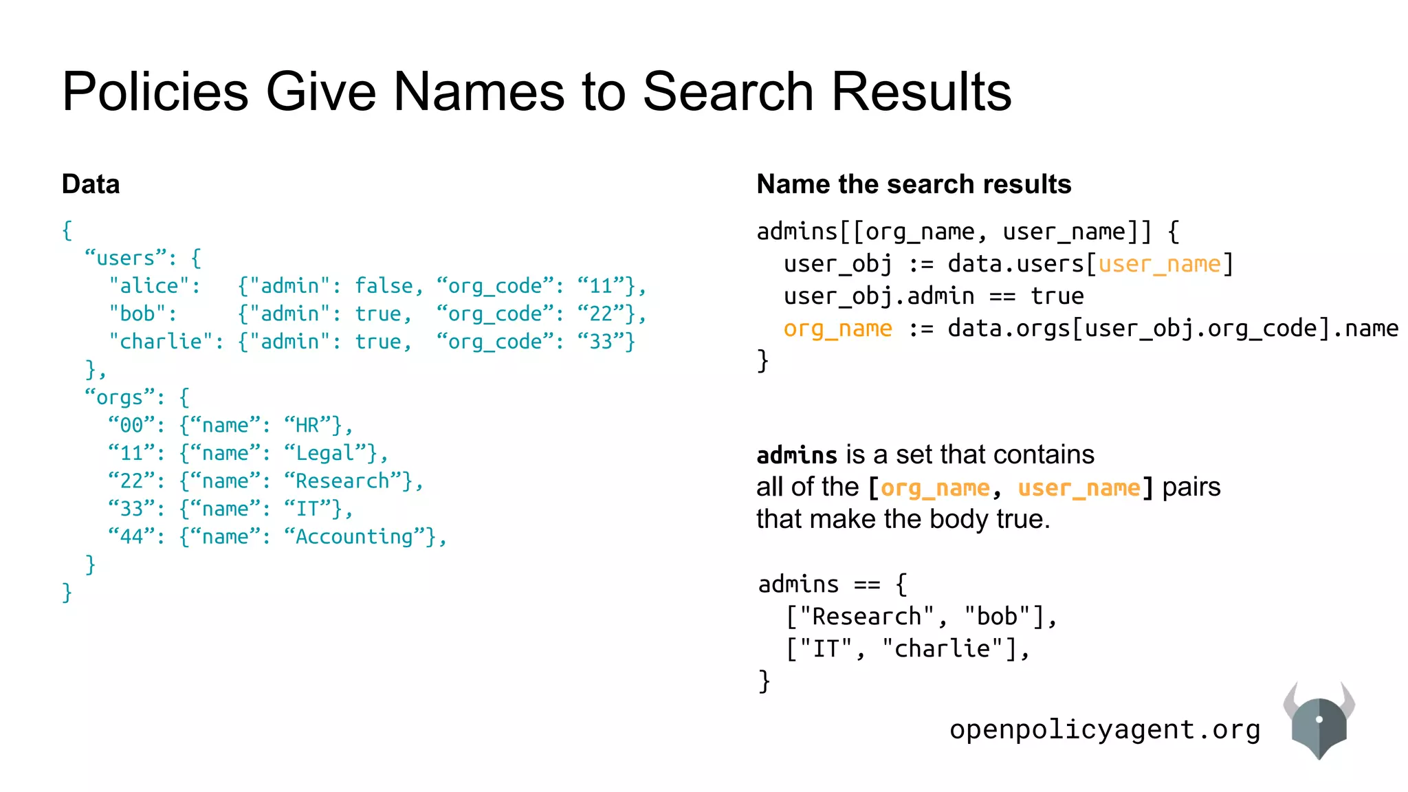 openpolicyagent.org
Policies Give Names to Search Results
Data Name the search results
admins[[org_name, user_name]] {
user_obj := data.users[user_name]
user_obj.admin == true
org_name := data.orgs[user_obj.org_code].name
}
{
“users”: {
"alice": {"admin": false, “org_code”: “11”},
"bob": {"admin": true, “org_code”: “22”},
"charlie": {"admin": true, “org_code”: “33”}
},
“orgs”: {
“00”: {“name”: “HR”},
“11”: {“name”: “Legal”},
“22”: {“name”: “Research”},
“33”: {“name”: “IT”},
“44”: {“name”: “Accounting”},
}
}
admins is a set that contains
all of the [org_name, user_name] pairs
that make the body true.
admins == {
["Research", "bob"],
["IT", "charlie"],
}
 