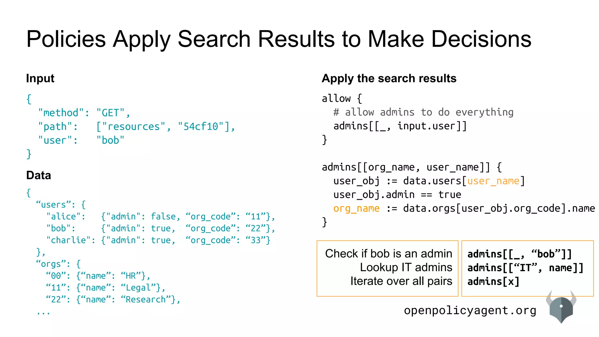 openpolicyagent.org
Policies Apply Search Results to Make Decisions
Input
{
“users”: {
"alice": {"admin": false, “org_code”: “11”},
"bob": {"admin": true, “org_code”: “22”},
"charlie": {"admin": true, “org_code”: “33”}
},
“orgs”: {
“00”: {“name”: “HR”},
“11”: {“name”: “Legal”},
“22”: {“name”: “Research”},
...
Apply the search results
allow {
# allow admins to do everything
admins[[_, input.user]]
}
admins[[org_name, user_name]] {
user_obj := data.users[user_name]
user_obj.admin == true
org_name := data.orgs[user_obj.org_code].name
}
Check if bob is an admin
Lookup IT admins
Iterate over all pairs
admins[[_, “bob”]]
admins[[“IT”, name]]
admins[x]
{
"method": "GET",
"path": ["resources", "54cf10"],
"user": "bob"
}
Data
 
