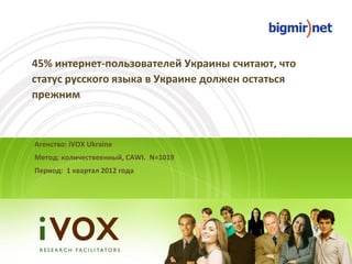 45% интернет-пользователей Украины считают, что
статус русского языка в Украине должен остаться
прежним



Агенство: iVOX Ukraine
Метод: количествеенный, CAWI. N=1019
Период: 1 квартал 2012 года
 