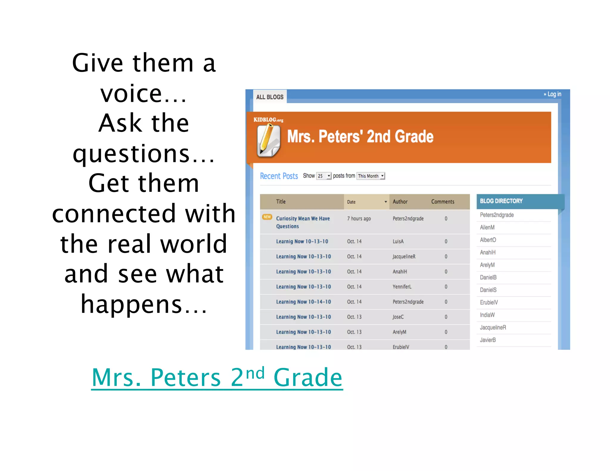 Give them a
     voice… 
     Ask the
  questions… 
    Get them
connected with
 the real world
 and see what
   happens… 

   Mrs. Peters 2nd Grade
 