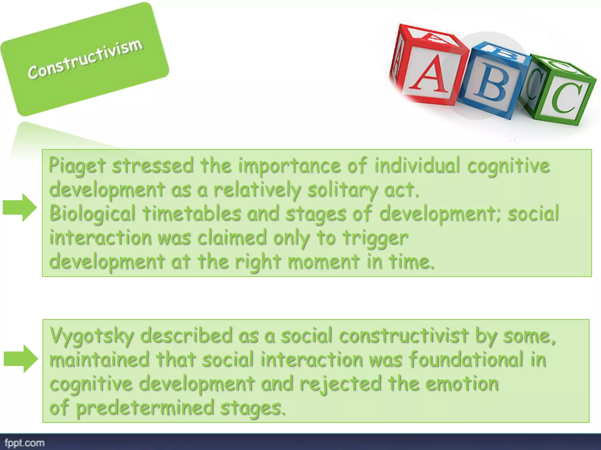 Vygotsky described as a social constructivist by some,
maintained that social interaction was foundational in
cognitive development and rejected the emotion
of predetermined stages.
Piaget stressed the importance of individual cognitive
development as a relatively solitary act.
Biological timetables and stages of development; social
interaction was claimed only to trigger
development at the right moment in time.
 