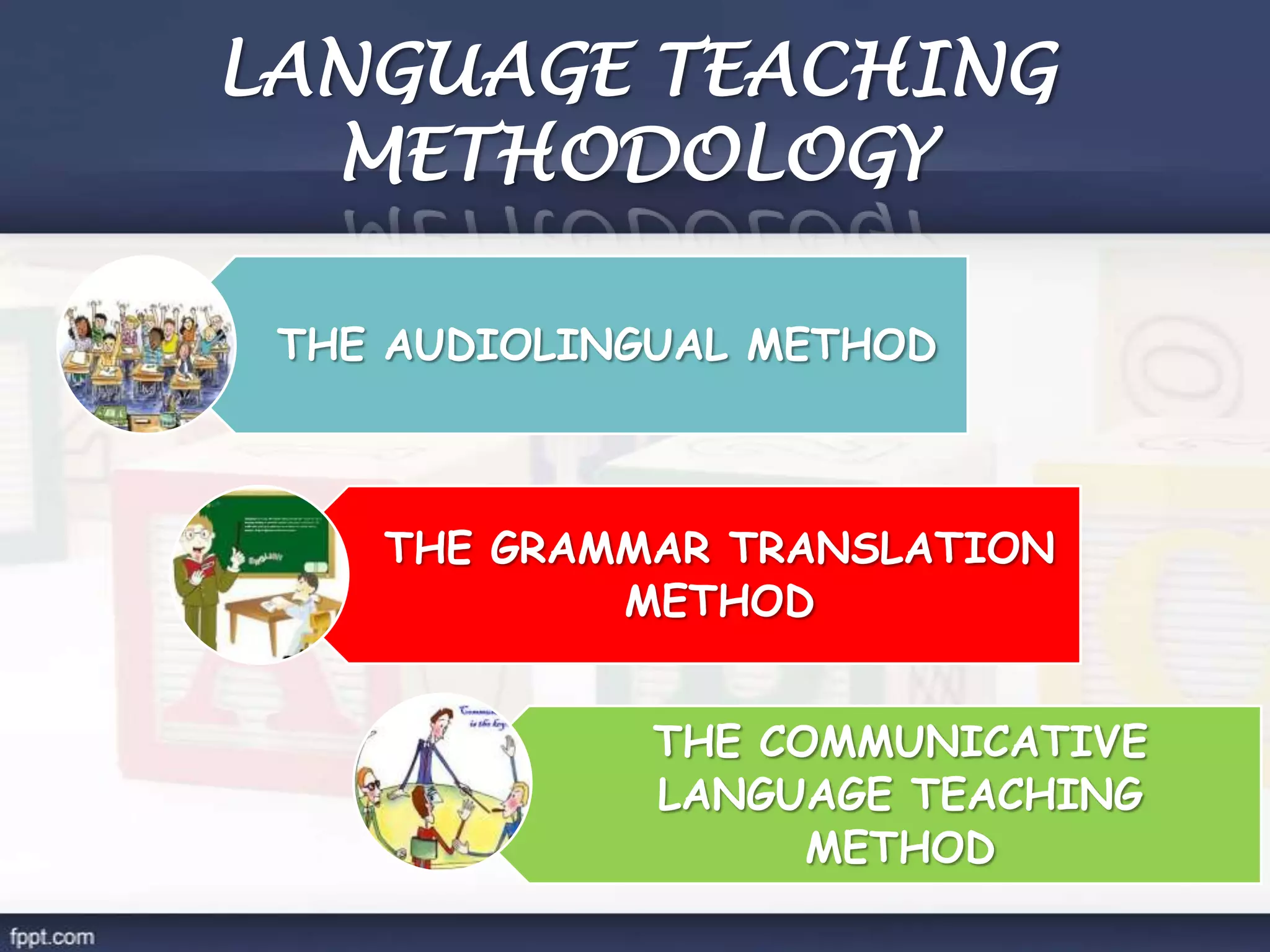 LANGUAGE TEACHING
METHODOLOGY
THE AUDIOLINGUAL METHOD
THE GRAMMAR TRANSLATION
METHOD
THE COMMUNICATIVE
LANGUAGE TEACHING
METHOD
 