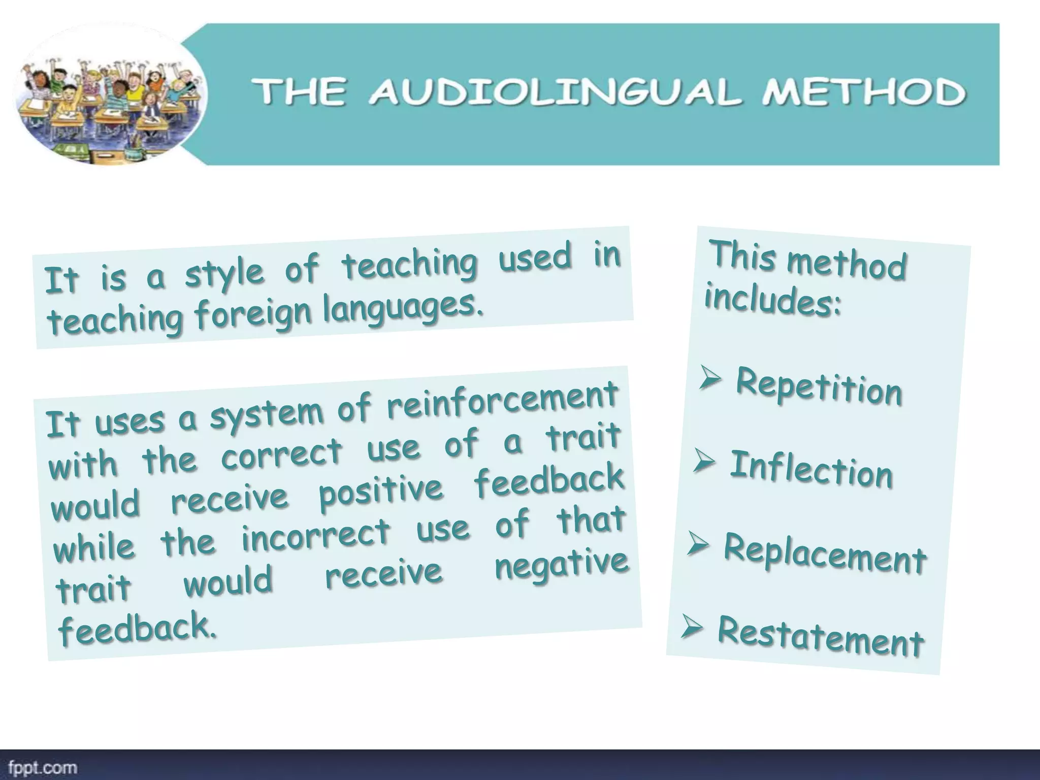 The audio-lingual method, Army Method, or New Key,[1] is a style of teaching used in
teaching foreign languages. It is based on behaviorist theory, which professes that
certain traits of living things, and in this case humans, could be trained through a system
of reinforcement—correct use of a trait would receive positive feedback while incorrect
use of that trait would receive negative feedback.
 