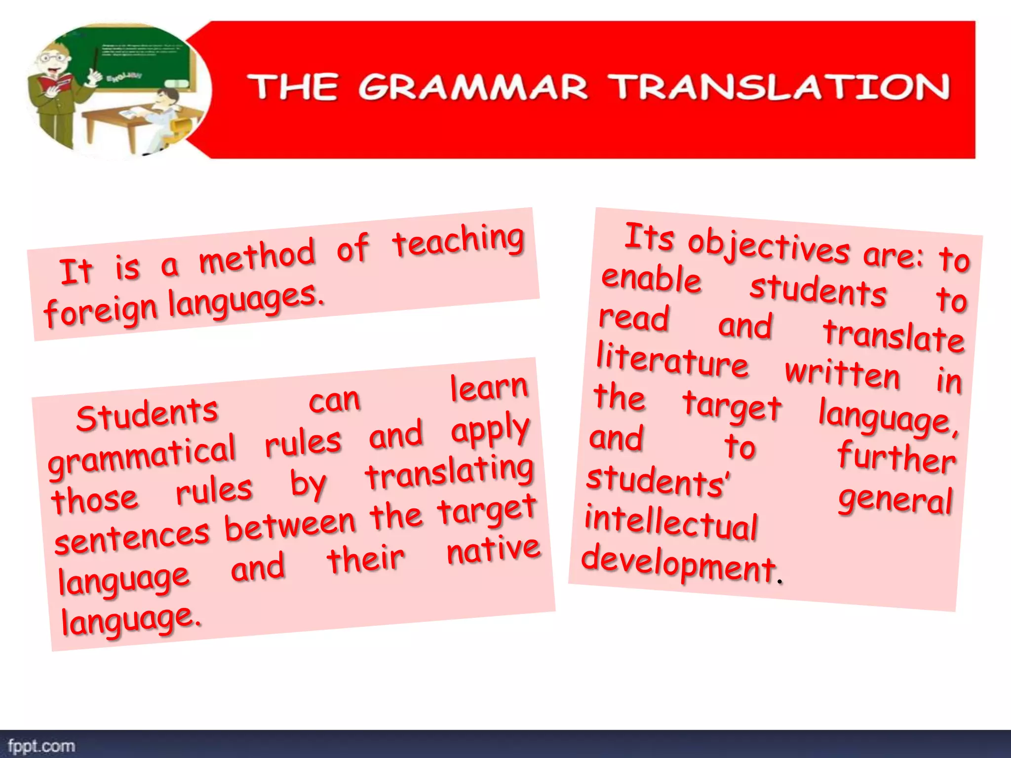 The audio-lingual method, Army Method, or New Key,[1] is a style of teaching used in
teaching foreign languages. It is based on behaviorist theory, which professes that
certain traits of living things, and in this case humans, could be trained through a system
of reinforcement—correct use of a trait would receive positive feedback while incorrect
use of that trait would receive negative feedback.
 