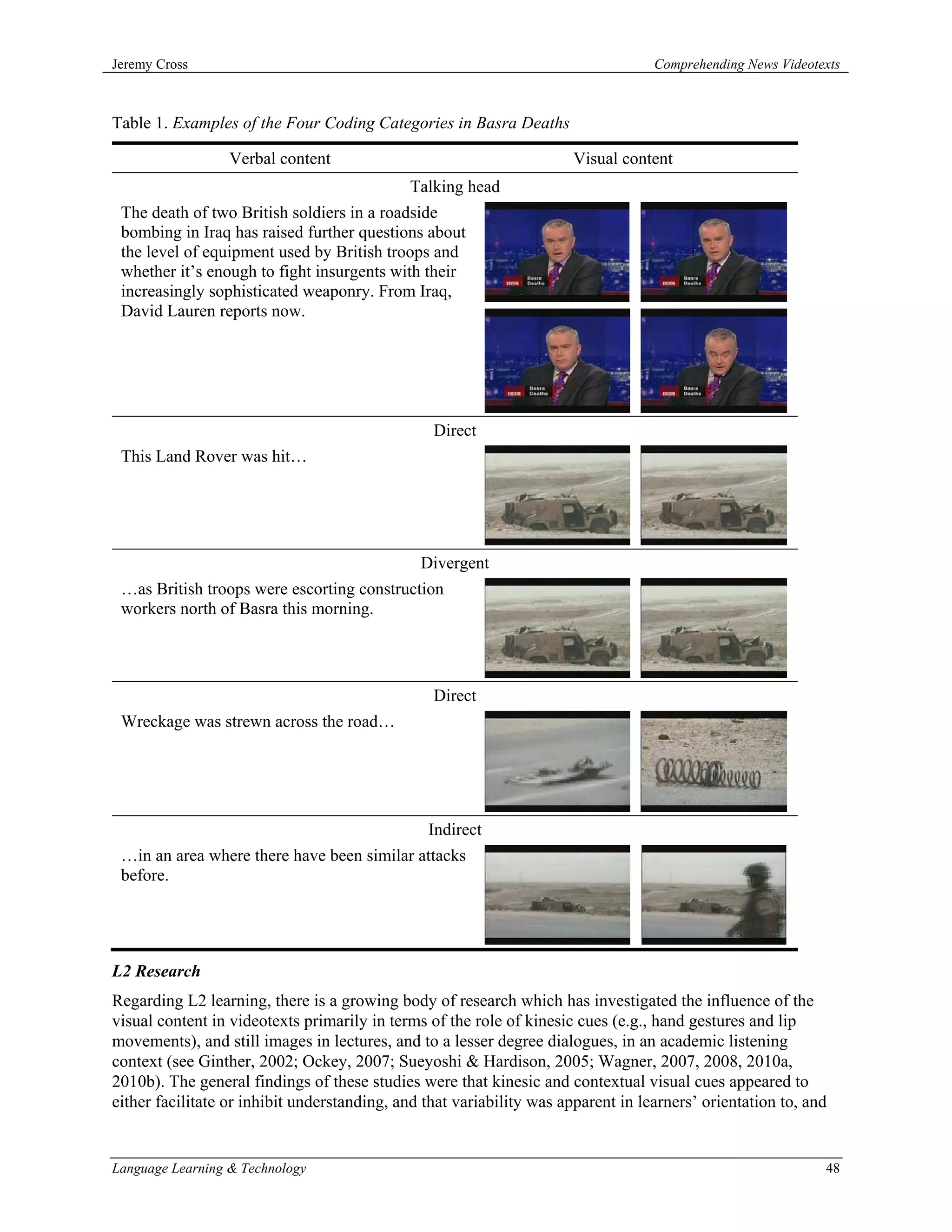 Jeremy Cross                                                                       Comprehending News Videotexts



Table 1. Examples of the Four Coding Categories in Basra Deaths

                  Verbal content                                       Visual content
                                             Talking head
 The death of two British soldiers in a roadside
 bombing in Iraq has raised further questions about
 the level of equipment used by British troops and
 whether it’s enough to fight insurgents with their
 increasingly sophisticated weaponry. From Iraq,
 David Lauren reports now.




                                                 Direct
 This Land Rover was hit…




                                               Divergent
 …as British troops were escorting construction
 workers north of Basra this morning.




                                                 Direct
 Wreckage was strewn across the road…




                                                Indirect
 …in an area where there have been similar attacks
 before.




L2 Research
Regarding L2 learning, there is a growing body of research which has investigated the influence of the
visual content in videotexts primarily in terms of the role of kinesic cues (e.g., hand gestures and lip
movements), and still images in lectures, and to a lesser degree dialogues, in an academic listening
context (see Ginther, 2002; Ockey, 2007; Sueyoshi & Hardison, 2005; Wagner, 2007, 2008, 2010a,
2010b). The general findings of these studies were that kinesic and contextual visual cues appeared to
either facilitate or inhibit understanding, and that variability was apparent in learners’ orientation to, and


Language Learning & Technology                                                                               48
 
