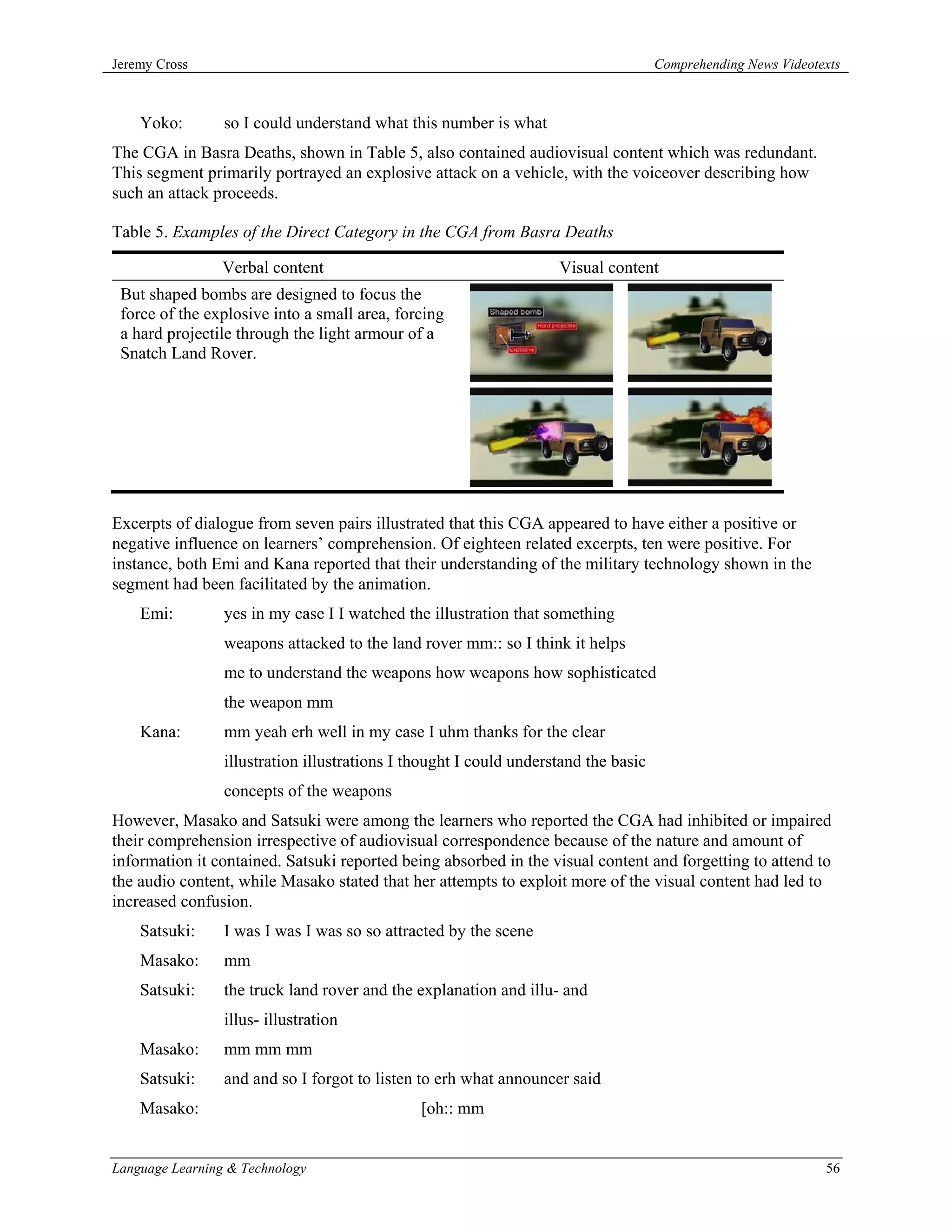 Jeremy Cross                                                                         Comprehending News Videotexts



    Yoko:        so I could understand what this number is what
The CGA in Basra Deaths, shown in Table 5, also contained audiovisual content which was redundant.
This segment primarily portrayed an explosive attack on a vehicle, with the voiceover describing how
such an attack proceeds.

Table 5. Examples of the Direct Category in the CGA from Basra Deaths

                 Verbal content                                     Visual content
 But shaped bombs are designed to focus the
 force of the explosive into a small area, forcing
 a hard projectile through the light armour of a
 Snatch Land Rover.




Excerpts of dialogue from seven pairs illustrated that this CGA appeared to have either a positive or
negative influence on learners’ comprehension. Of eighteen related excerpts, ten were positive. For
instance, both Emi and Kana reported that their understanding of the military technology shown in the
segment had been facilitated by the animation.
    Emi:         yes in my case I I watched the illustration that something
                 weapons attacked to the land rover mm:: so I think it helps
                 me to understand the weapons how weapons how sophisticated
                 the weapon mm
    Kana:        mm yeah erh well in my case I uhm thanks for the clear
                 illustration illustrations I thought I could understand the basic
                 concepts of the weapons
However, Masako and Satsuki were among the learners who reported the CGA had inhibited or impaired
their comprehension irrespective of audiovisual correspondence because of the nature and amount of
information it contained. Satsuki reported being absorbed in the visual content and forgetting to attend to
the audio content, while Masako stated that her attempts to exploit more of the visual content had led to
increased confusion.
    Satsuki:     I was I was I was so so attracted by the scene
    Masako:      mm
    Satsuki:     the truck land rover and the explanation and illu- and
                 illus- illustration
    Masako:      mm mm mm
    Satsuki:     and and so I forgot to listen to erh what announcer said
    Masako:                                    [oh:: mm


Language Learning & Technology                                                                                 56
 
