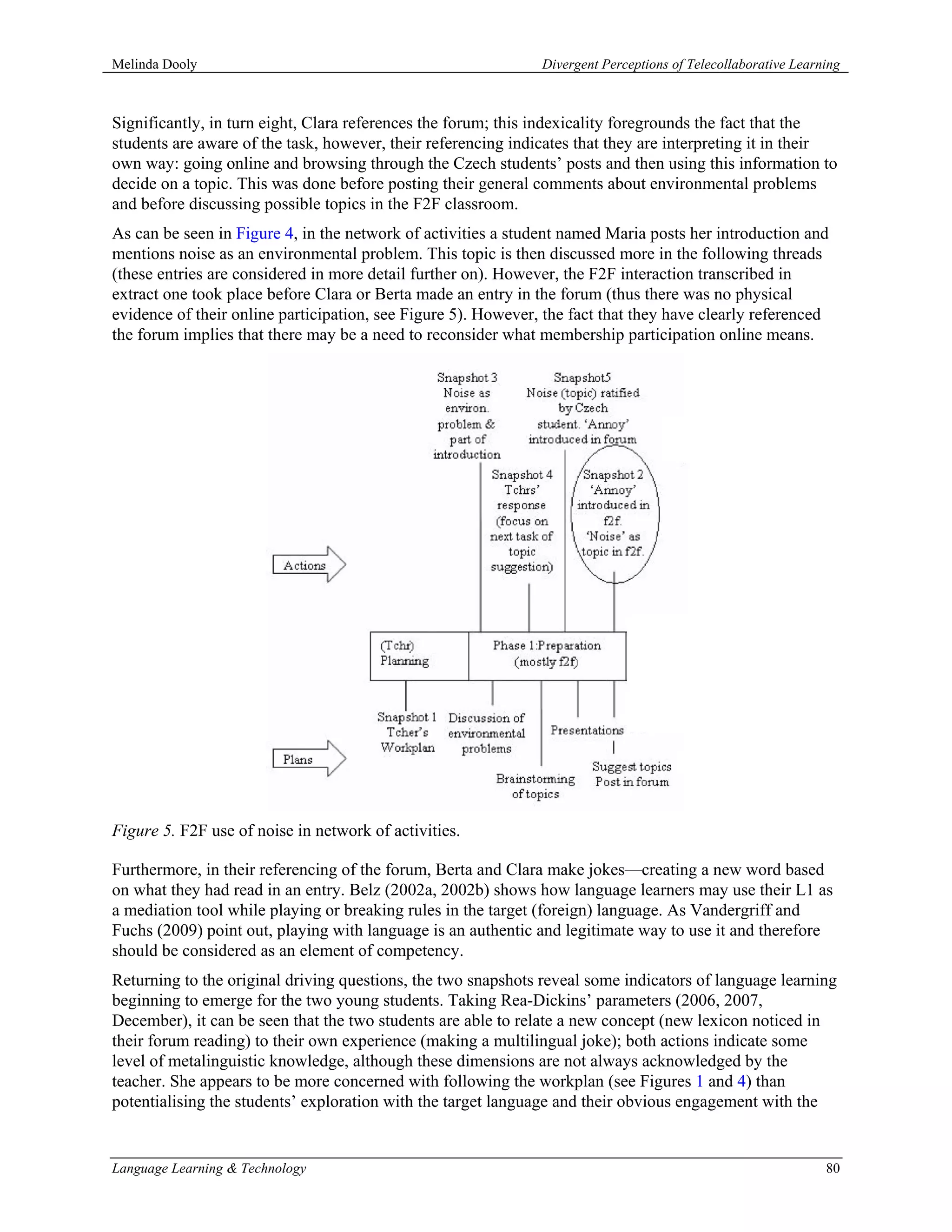 Melinda Dooly                                                  Divergent Perceptions of Telecollaborative Learning



Significantly, in turn eight, Clara references the forum; this indexicality foregrounds the fact that the
students are aware of the task, however, their referencing indicates that they are interpreting it in their
own way: going online and browsing through the Czech students’ posts and then using this information to
decide on a topic. This was done before posting their general comments about environmental problems
and before discussing possible topics in the F2F classroom.
As can be seen in Figure 4, in the network of activities a student named Maria posts her introduction and
mentions noise as an environmental problem. This topic is then discussed more in the following threads
(these entries are considered in more detail further on). However, the F2F interaction transcribed in
extract one took place before Clara or Berta made an entry in the forum (thus there was no physical
evidence of their online participation, see Figure 5). However, the fact that they have clearly referenced
the forum implies that there may be a need to reconsider what membership participation online means.




Figure 5. F2F use of noise in network of activities.

Furthermore, in their referencing of the forum, Berta and Clara make jokes—creating a new word based
on what they had read in an entry. Belz (2002a, 2002b) shows how language learners may use their L1 as
a mediation tool while playing or breaking rules in the target (foreign) language. As Vandergriff and
Fuchs (2009) point out, playing with language is an authentic and legitimate way to use it and therefore
should be considered as an element of competency.
Returning to the original driving questions, the two snapshots reveal some indicators of language learning
beginning to emerge for the two young students. Taking Rea-Dickins’ parameters (2006, 2007,
December), it can be seen that the two students are able to relate a new concept (new lexicon noticed in
their forum reading) to their own experience (making a multilingual joke); both actions indicate some
level of metalinguistic knowledge, although these dimensions are not always acknowledged by the
teacher. She appears to be more concerned with following the workplan (see Figures 1 and 4) than
potentialising the students’ exploration with the target language and their obvious engagement with the


Language Learning & Technology                                                                                 80
 
