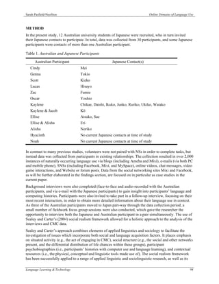 Sarah Pasfield-Neofitou                                                          Online Domains of Language Use



METHOD
In the present study, 12 Australian university students of Japanese were recruited, who in turn invited
their Japanese contacts to participate. In total, data was collected from 30 participants, and some Japanese
participants were contacts of more than one Australian participant.

Table 1. Australian and Japanese Participants

      Australian Participant                            Japanese Contact(s)
   Cindy                            Mei
   Genna                            Tokio
   Scott                            Kieko
   Lucas                            Hisayo
   Zac                              Fumie
   Oscar                            Yoshio
   Kaylene                          Chikae, Daishi, Ikuko, Junko, Ruriko, Ukiko, Watako
   Kaylene & Jacob                  Kō
   Ellise                           Atsuko, Sae
   Ellise & Alisha                  Eri
   Alisha                           Noriko
   Hyacinth                         No current Japanese contacts at time of study
   Noah                             No current Japanese contacts at time of study

In contrast to many previous studies, volunteers were not paired with NSs in order to complete tasks, but
instead data was collected from participants in existing relationships. The collection resulted in over 2,000
instances of naturally occurring language use via blogs (including Ameba and Mixi), e-mails (via both PC
and mobile phone), SNSs (including Facebook, Mixi, and MySpace), online videos, chat messages, video
game interactions, and Website or forum posts. Data from the social networking sites Mixi and Facebook,
as will be further elaborated in the findings section, are focused on in particular as case studies in the
current paper.
Background interviews were also completed (face-to-face and audio-recorded with the Australian
participants, and via e-mail with the Japanese participants) to gain insight into participants’ language and
computing histories. Participants were also invited to take part in a follow-up interview, focusing on their
most recent interaction, in order to obtain more detailed information about their language use in context.
As three of the Australian participants moved to Japan part-way through the data collection period, a
small number of fieldwork focus group sessions were also conducted, which gave the researcher the
opportunity to interview both the Japanese and Australian participant in a pair simultaneously. The use of
Sealey and Carter’s (2004) social realism framework allowed for a holistic approach to the analysis of the
interviews and CMC data.
Sealey and Carter’s approach combines elements of applied linguistics and sociology to facilitate the
investigation of issues which incorporate both social and language acquisition factors. It places emphasis
on situated activity (e.g., the act of engaging in CMC), social structure (e.g., the social and other networks
present, and the differential distribution of life chances within these groups), participant
psychobiographies (i.e., participants’ histories with computer use and language learning), and contextual
resources (i.e., the physical, conceptual and linguistic tools made use of). The social realism framework
has been successfully applied to a range of applied linguistic and sociolinguistic research, as well as its

Language Learning & Technology                                                                              94
 