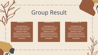 Group Result
Presentations are
communication tools that
can be used as lectures,
speeches, reports,
demonstrations and more.
Mostly presented before an
audience, it serves a variety
of purposes.
Result 1
Presentations are
communication tools that
can be used as lectures,
speeches, reports,
demonstrations and more.
Mostly presented before an
audience, it serves a variety
of purposes.
Result 2
Presentations are
communication tools that
can be used as lectures,
speeches, reports,
demonstrations and more.
Mostly presented before an
audience, it serves a variety
of purposes.
Result 3
 