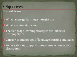 ObjectivesYou will learn:What language learning strategies areWhat learning styles areThat language learning strategies are linked to  learning stylesCategories and groups of language learning strategiesSome activities to apply strategy instruction in your classrooms 