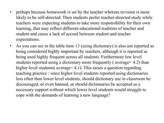 • perhaps because homework is set by the teacher whereas revision is more
likely to be self-directed. Then students prefer teacher-directed study while
teachers were expecting students to take more responsibility for their own
learning, that may reflect different educational tradition of teacher and
student and cause a lack of accord between student and teacher
expectations.
• As you can see in the table item 13 (using dictionary) is also not reported as
being considered highly important by teachers, although it is reported as
being used highly frequent across all students. Furthermore low level
students reported using a dictionary more frequently ( average= 4.2) than
higher level students( average= 4.1). This raises a question regarding
teaching practice : since higher level students reported using dictionaries
less often than lower level students, should dictionary use in classroom be
discouraged, or even banned, or should dictionaries be accepted as a
necessary support without which lower level students would struggle to
cope with the demands of learning a new language?

 