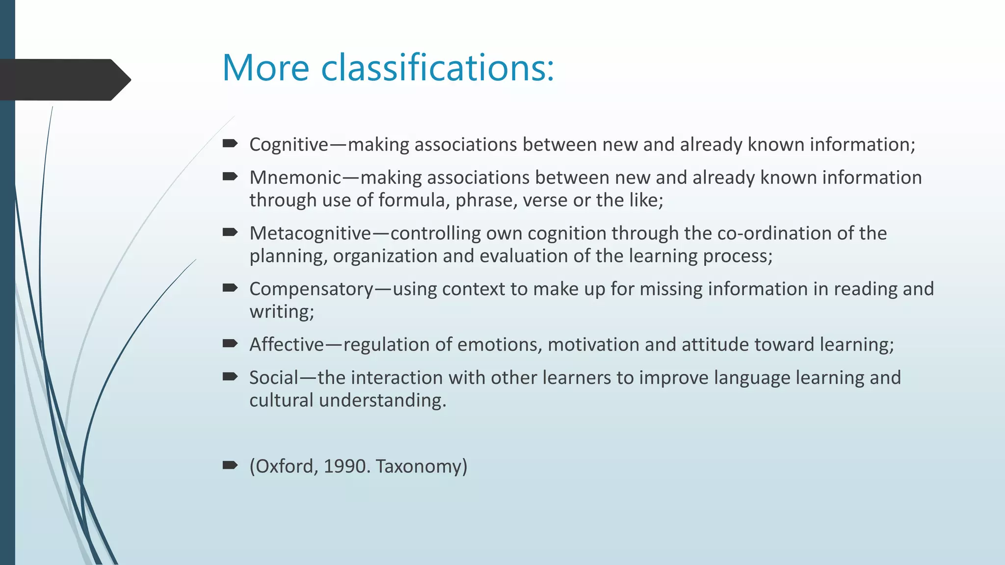 More classifications:
 Cognitive—making associations between new and already known information;
 Mnemonic—making associations between new and already known information
through use of formula, phrase, verse or the like;
 Metacognitive—controlling own cognition through the co-ordination of the
planning, organization and evaluation of the learning process;
 Compensatory—using context to make up for missing information in reading and
writing;
 Affective—regulation of emotions, motivation and attitude toward learning;
 Social—the interaction with other learners to improve language learning and
cultural understanding.
 (Oxford, 1990. Taxonomy)
 
