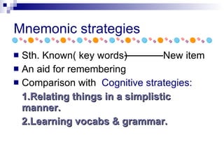 Sth. Known( key words)  New item  An aid for remembering Comparison with  Cognitive strategies: 1.Relating things in a simplistic manner. 2.Learning vocabs & grammar.  Mnemonic strategies 