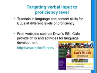 Targeting verbal input to proficiency level Tutorials in language and content skills for ELLs at different levels of proficiency.  Free websites such as Dave's ESL Cafe provide drills and activities for language development.  http :// www.eslcafe.com / 