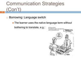 Communication Strategies
11
     (Con‟t)
        Borrowing: Language switch
            The   learner uses the native language term without
            bothering to translate, e.g.:
 