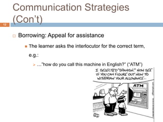 Communication Strategies
12
     (Con‟t)
        Borrowing: Appeal for assistance
              The learner asks the interlocutor for the correct term,
               e.g.:
                    …”how do you call this machine in English?” (“ATM”)
 