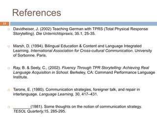 References
23

        Davidheiser, J. (2002) Teaching German with TPRS (Total Physical Response
         Storytelling). Die Unterrichtspraxis, 35.1, 25-35.


        Marsh, D. (1994). Bilingual Education & Content and Language Integrated
         Learning. International Association for Cross-cultural Communication. University
         of Sorbonne. Paris.


        Ray, B. & Seely, C., (2002). Fluency Through TPR Storytelling: Achieving Real
         Language Acquisition in School. Berkeley, CA: Command Performance Language
         Institute.


        Tarone, E. (1980). Communication strategies, foreigner talk, and repair in
         interlanguage. Language Learning, 30, 417–431.


        ________(1981). Some thoughts on the notion of communication strategy.
         TESOL Quarterly,15, 285-295.
 