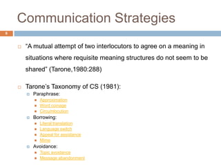 Communication Strategies
6


       “A mutual attempt of two interlocutors to agree on a meaning in
        situations where requisite meaning structures do not seem to be
        shared” (Tarone,1980:288)

       Tarone‟s Taxonomy of CS (1981):
           Paraphrase:
               Approximation
               Word coinage
               Circumlocution
           Borrowing:
               Literal translation
               Language switch
               Appeal for assistance
               Mime
           Avoidance:
               Topic avoidance
               Message abandonment
 