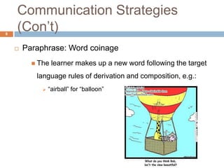 Communication Strategies
8
    (Con‟t)
       Paraphrase: Word coinage
           The   learner makes up a new word following the target
           language rules of derivation and composition, e.g.:
                “airball” for “balloon”
 