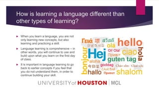 How is learning a language different than
other types of learning?
 When you learn a language, you are not
only learning new concepts, but also
learning and practicing a skill.
 Language learning is comprehensive – in
other words, you will continue to use and
build upon what you learn on the first day
of class.
 It is important in language learning to go
back to earlier concepts if you feel that
you do not understand them, in order to
continue building your skill.
 