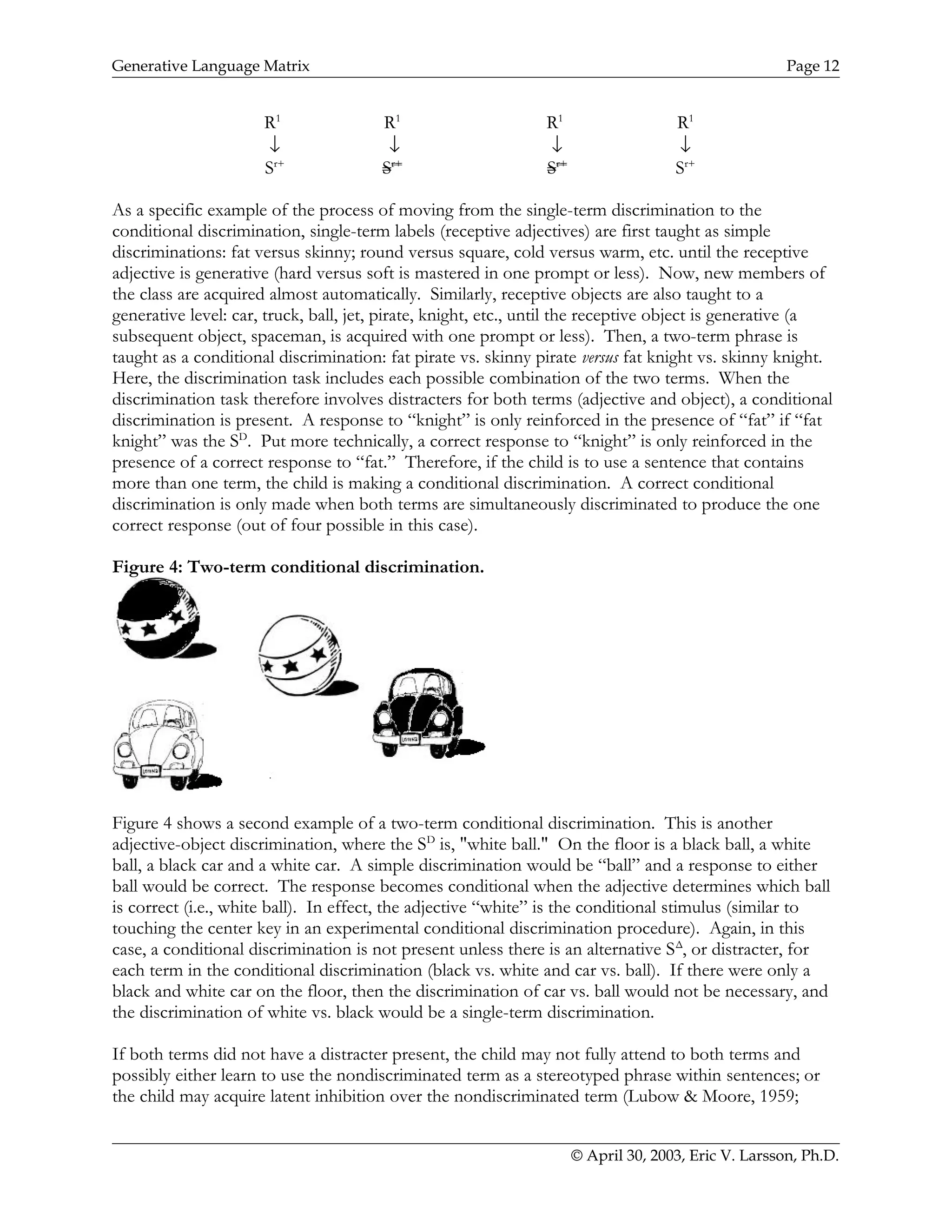 Generative Language Matrix Page 12
R1
R1
R1
R1
↓ ↓ ↓ ↓
Sr+
Sr+
Sr+
Sr+
As a specific example of the process of moving from the single-term discrimination to the
conditional discrimination, single-term labels (receptive adjectives) are first taught as simple
discriminations: fat versus skinny; round versus square, cold versus warm, etc. until the receptive
adjective is generative (hard versus soft is mastered in one prompt or less). Now, new members of
the class are acquired almost automatically. Similarly, receptive objects are also taught to a
generative level: car, truck, ball, jet, pirate, knight, etc., until the receptive object is generative (a
subsequent object, spaceman, is acquired with one prompt or less). Then, a two-term phrase is
taught as a conditional discrimination: fat pirate vs. skinny pirate versus fat knight vs. skinny knight.
Here, the discrimination task includes each possible combination of the two terms. When the
discrimination task therefore involves distracters for both terms (adjective and object), a conditional
discrimination is present. A response to “knight” is only reinforced in the presence of “fat” if “fat
knight” was the SD
. Put more technically, a correct response to “knight” is only reinforced in the
presence of a correct response to “fat.” Therefore, if the child is to use a sentence that contains
more than one term, the child is making a conditional discrimination. A correct conditional
discrimination is only made when both terms are simultaneously discriminated to produce the one
correct response (out of four possible in this case).
Figure 4: Two-term conditional discrimination.
Figure 4 shows a second example of a two-term conditional discrimination. This is another
adjective-object discrimination, where the SD
is, "white ball." On the floor is a black ball, a white
ball, a black car and a white car. A simple discrimination would be “ball” and a response to either
ball would be correct. The response becomes conditional when the adjective determines which ball
is correct (i.e., white ball). In effect, the adjective “white” is the conditional stimulus (similar to
touching the center key in an experimental conditional discrimination procedure). Again, in this
case, a conditional discrimination is not present unless there is an alternative SΔ
, or distracter, for
each term in the conditional discrimination (black vs. white and car vs. ball). If there were only a
black and white car on the floor, then the discrimination of car vs. ball would not be necessary, and
the discrimination of white vs. black would be a single-term discrimination.
If both terms did not have a distracter present, the child may not fully attend to both terms and
possibly either learn to use the nondiscriminated term as a stereotyped phrase within sentences; or
the child may acquire latent inhibition over the nondiscriminated term (Lubow & Moore, 1959;
© April 30, 2003, Eric V. Larsson, Ph.D.
 
