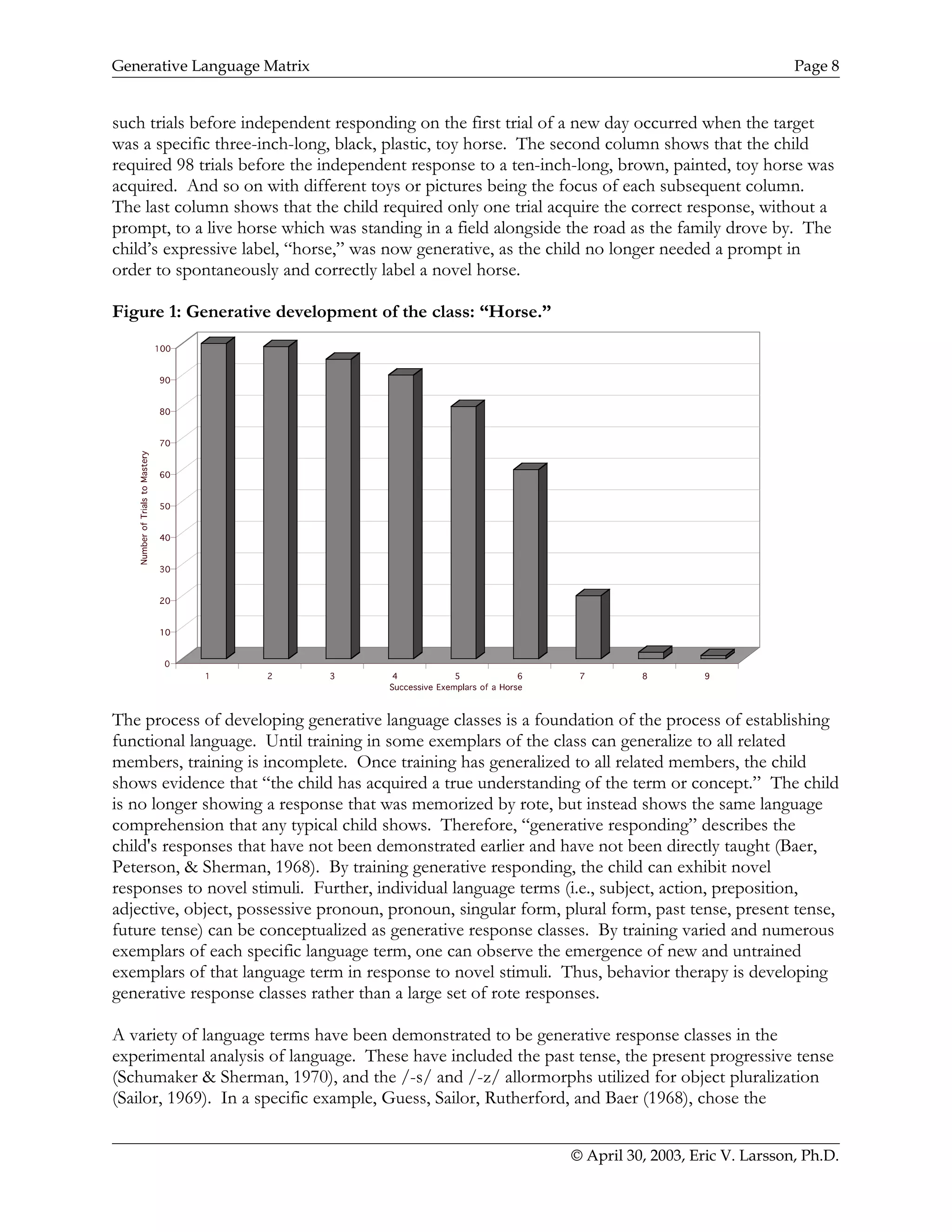 Generative Language Matrix Page 8
such trials before independent responding on the first trial of a new day occurred when the target
was a specific three-inch-long, black, plastic, toy horse. The second column shows that the child
required 98 trials before the independent response to a ten-inch-long, brown, painted, toy horse was
acquired. And so on with different toys or pictures being the focus of each subsequent column.
The last column shows that the child required only one trial acquire the correct response, without a
prompt, to a live horse which was standing in a field alongside the road as the family drove by. The
child’s expressive label, “horse,” was now generative, as the child no longer needed a prompt in
order to spontaneously and correctly label a novel horse.
Figure 1: Generative development of the class: “Horse.”
The process of developing generative language classes is a foundation of the process of establishing
functional language. Until training in some exemplars of the class can generalize to all related
members, training is incomplete. Once training has generalized to all related members, the child
shows evidence that “the child has acquired a true understanding of the term or concept.” The child
is no longer showing a response that was memorized by rote, but instead shows the same language
comprehension that any typical child shows. Therefore, “generative responding” describes the
child's responses that have not been demonstrated earlier and have not been directly taught (Baer,
Peterson, & Sherman, 1968). By training generative responding, the child can exhibit novel
responses to novel stimuli. Further, individual language terms (i.e., subject, action, preposition,
adjective, object, possessive pronoun, pronoun, singular form, plural form, past tense, present tense,
future tense) can be conceptualized as generative response classes. By training varied and numerous
exemplars of each specific language term, one can observe the emergence of new and untrained
exemplars of that language term in response to novel stimuli. Thus, behavior therapy is developing
generative response classes rather than a large set of rote responses.
A variety of language terms have been demonstrated to be generative response classes in the
experimental analysis of language. These have included the past tense, the present progressive tense
(Schumaker & Sherman, 1970), and the /-s/ and /-z/ allormorphs utilized for object pluralization
(Sailor, 1969). In a specific example, Guess, Sailor, Rutherford, and Baer (1968), chose the
© April 30, 2003, Eric V. Larsson, Ph.D.
 