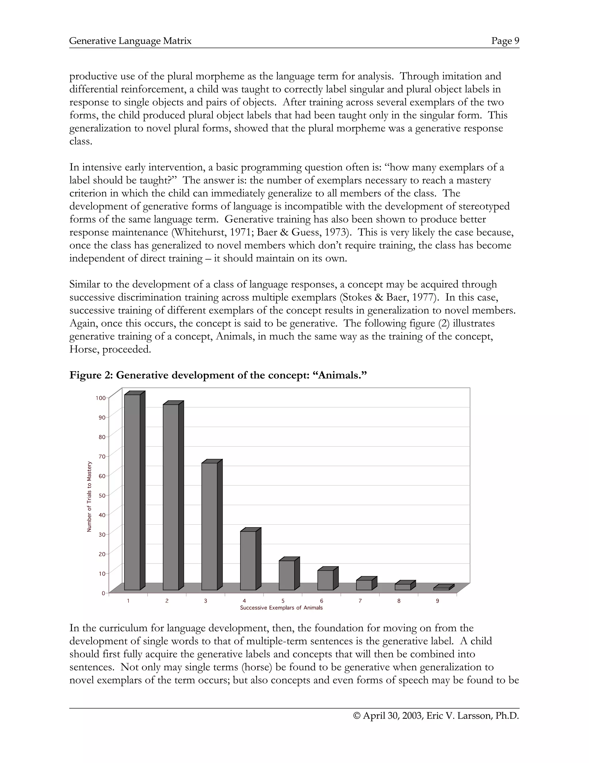 Generative Language Matrix Page 9
productive use of the plural morpheme as the language term for analysis. Through imitation and
differential reinforcement, a child was taught to correctly label singular and plural object labels in
response to single objects and pairs of objects. After training across several exemplars of the two
forms, the child produced plural object labels that had been taught only in the singular form. This
generalization to novel plural forms, showed that the plural morpheme was a generative response
class.
In intensive early intervention, a basic programming question often is: “how many exemplars of a
label should be taught?” The answer is: the number of exemplars necessary to reach a mastery
criterion in which the child can immediately generalize to all members of the class. The
development of generative forms of language is incompatible with the development of stereotyped
forms of the same language term. Generative training has also been shown to produce better
response maintenance (Whitehurst, 1971; Baer & Guess, 1973). This is very likely the case because,
once the class has generalized to novel members which don’t require training, the class has become
independent of direct training – it should maintain on its own.
Similar to the development of a class of language responses, a concept may be acquired through
successive discrimination training across multiple exemplars (Stokes & Baer, 1977). In this case,
successive training of different exemplars of the concept results in generalization to novel members.
Again, once this occurs, the concept is said to be generative. The following figure (2) illustrates
generative training of a concept, Animals, in much the same way as the training of the concept,
Horse, proceeded.
Figure 2: Generative development of the concept: “Animals.”
In the curriculum for language development, then, the foundation for moving on from the
development of single words to that of multiple-term sentences is the generative label. A child
should first fully acquire the generative labels and concepts that will then be combined into
sentences. Not only may single terms (horse) be found to be generative when generalization to
novel exemplars of the term occurs; but also concepts and even forms of speech may be found to be
© April 30, 2003, Eric V. Larsson, Ph.D.
 