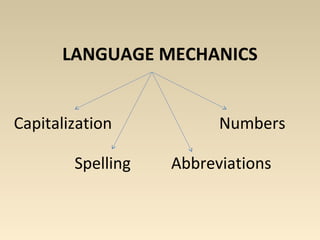 LANGUAGE MECHANICS
Capitalization
AbbreviationsSpelling
Numbers
 